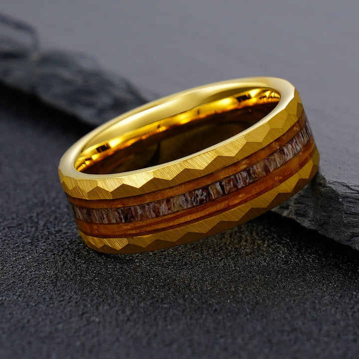 Whiskey Barrel Wood Hammered Gold Band Ring