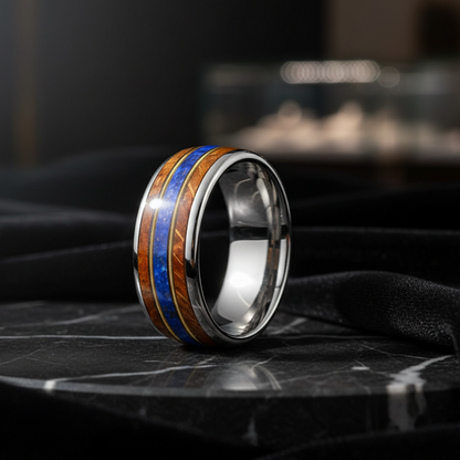 Whiskey Wood Guitar String Lapis Tungsten Ring