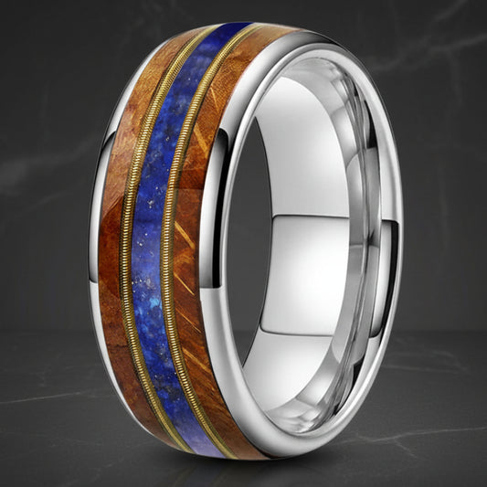Whiskey Wood Guitar String Lapis Tungsten Ring