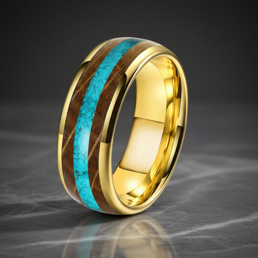 Whiskey Barrel Oak Turquoise Tungsten Wedding Band