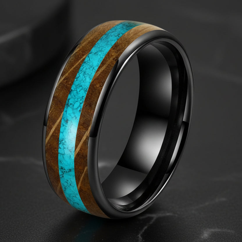 Whiskey Barrel Oak Turquoise Tungsten Wedding Band