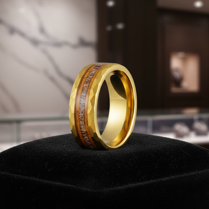 Whiskey Barrel Wood Hammered Gold Band Ring