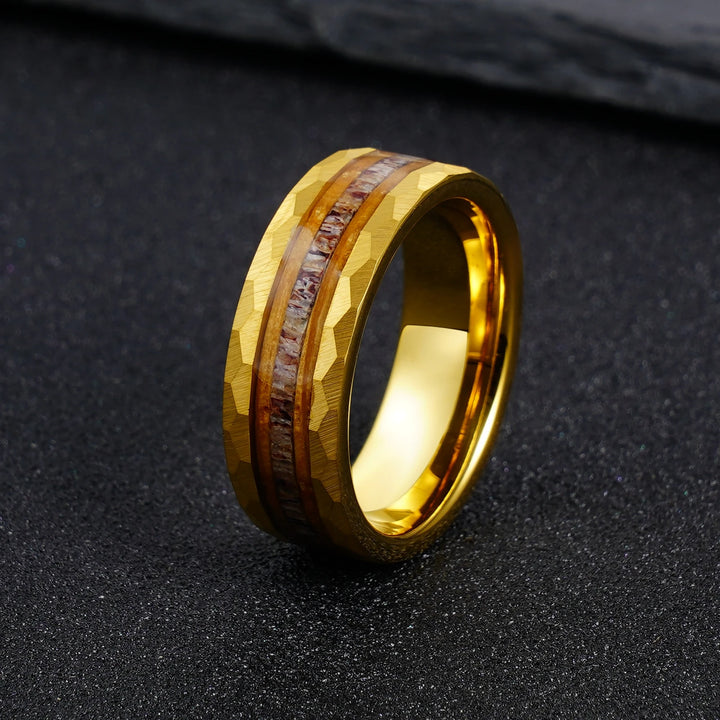 Whiskey Barrel Wood Hammered Gold Band Ring