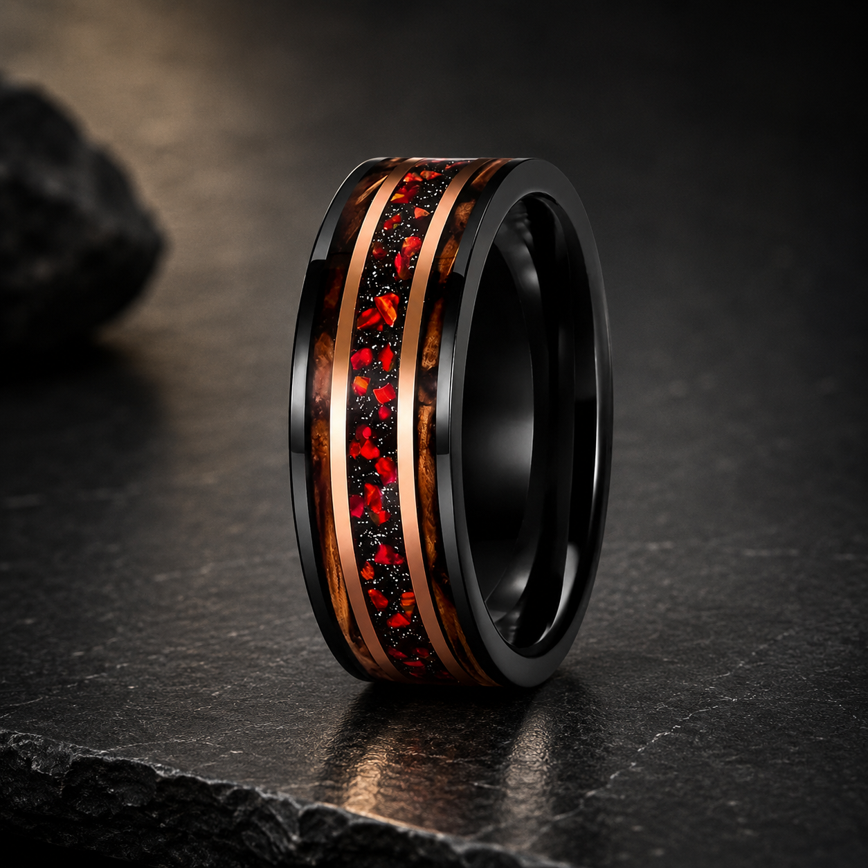 Whiskey Barrel Wood & Red Dinosaur Bone ring