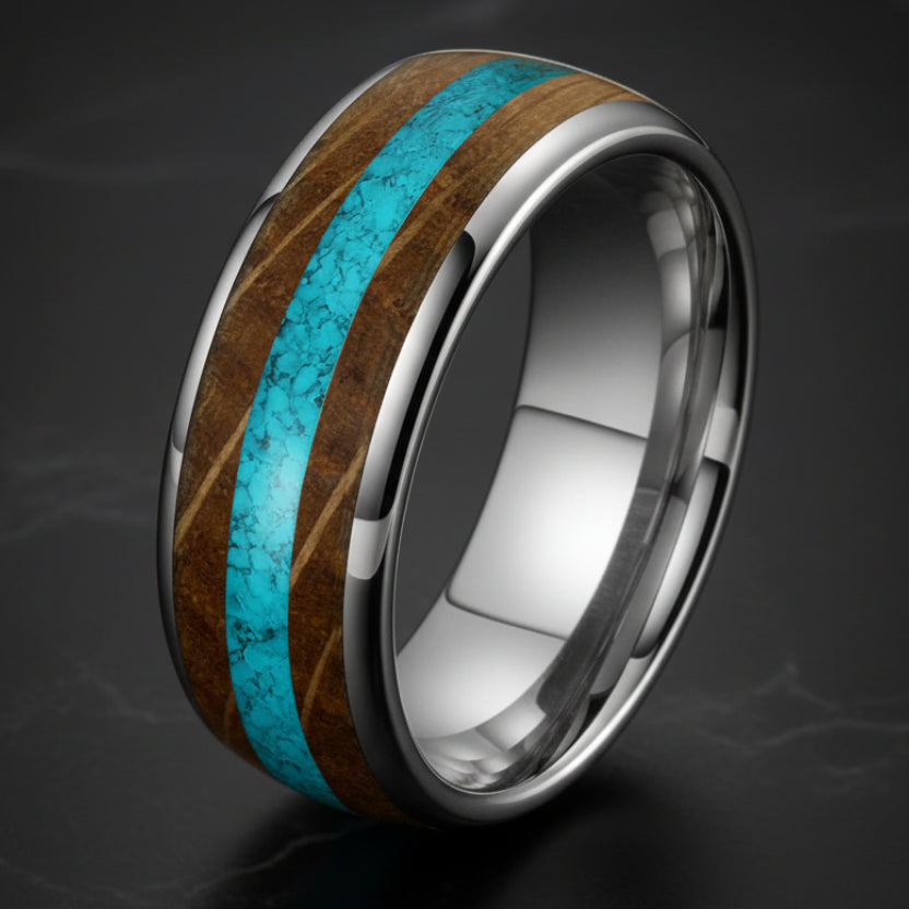 Whiskey Barrel Oak Turquoise Tungsten Wedding Band