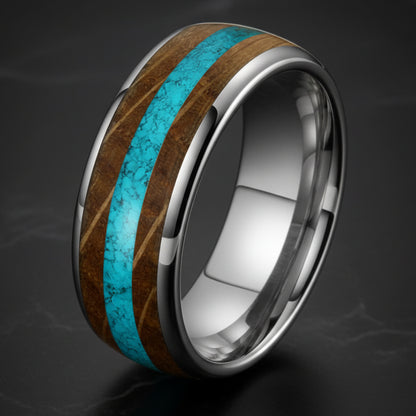 Whiskey Barrel Oak Turquoise Tungsten Wedding Band