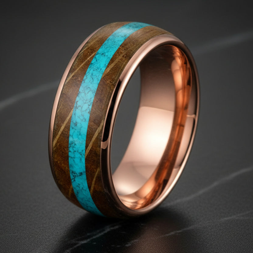 Whiskey Barrel Oak Turquoise Tungsten Wedding Band