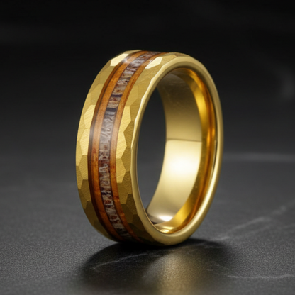 Whiskey Barrel Wood Hammered Gold Band Ring