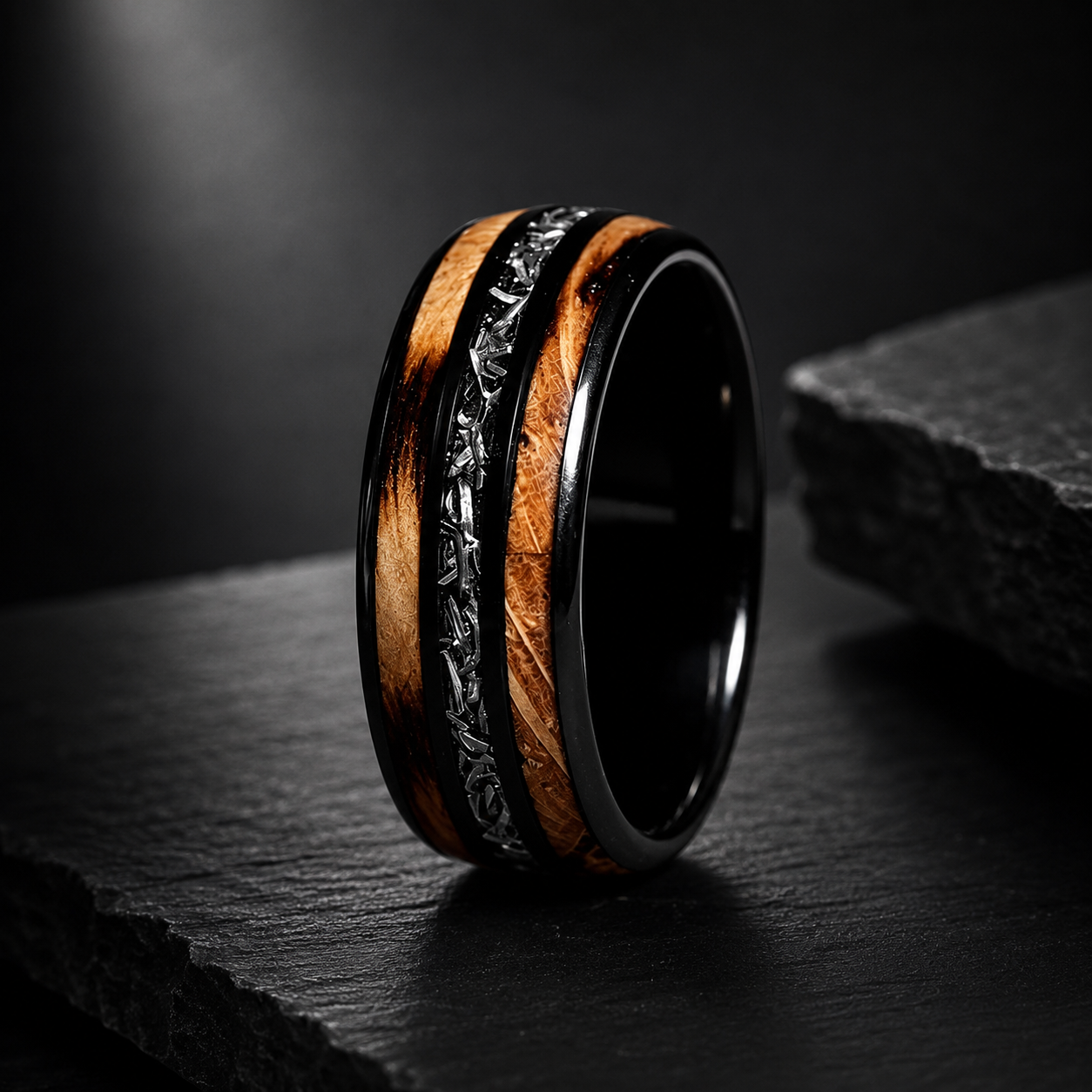 Whiskey Barrel Wood & Meteorite Black Tungsten Wedding Ring