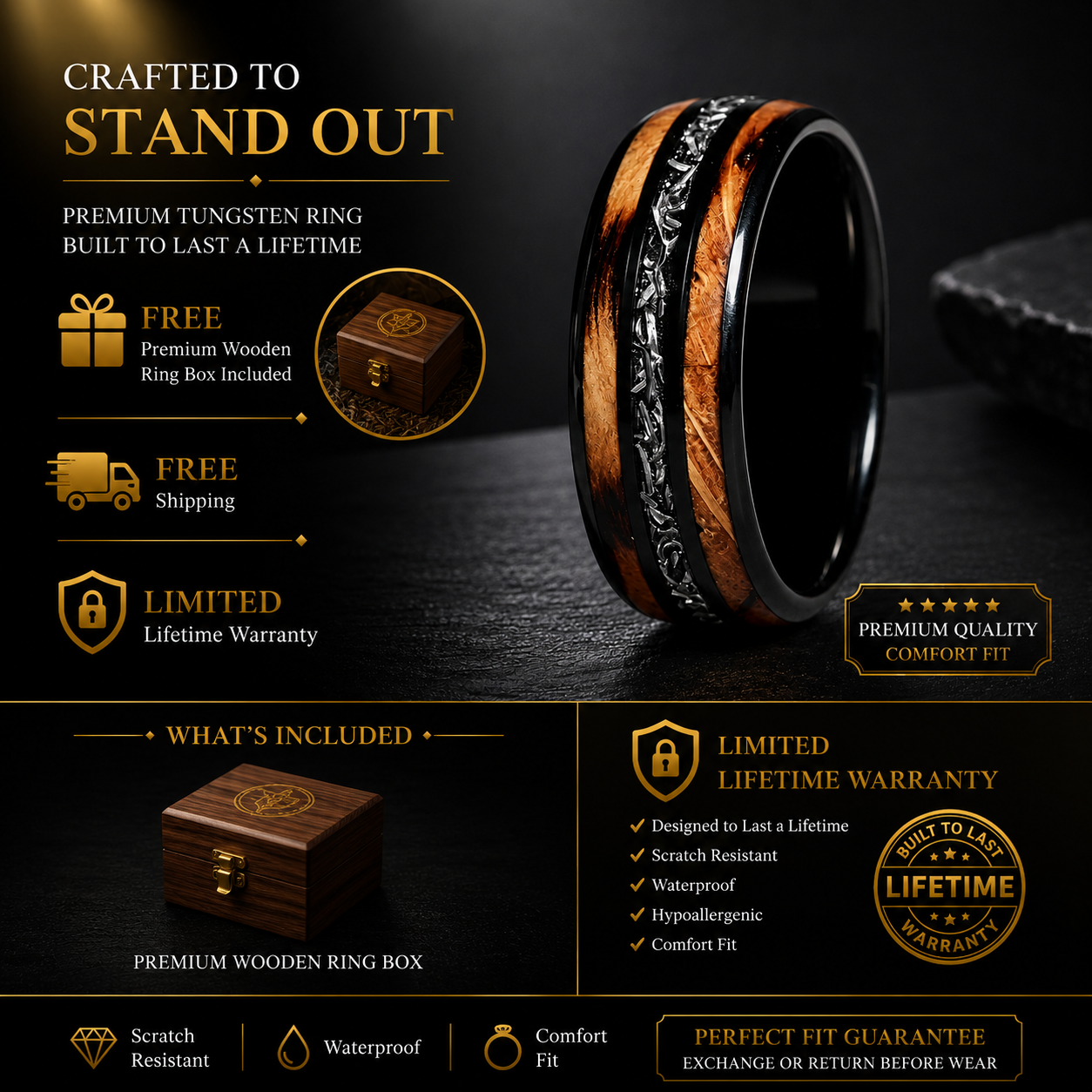 Whiskey Barrel Wood & Meteorite Black Tungsten Wedding Ring