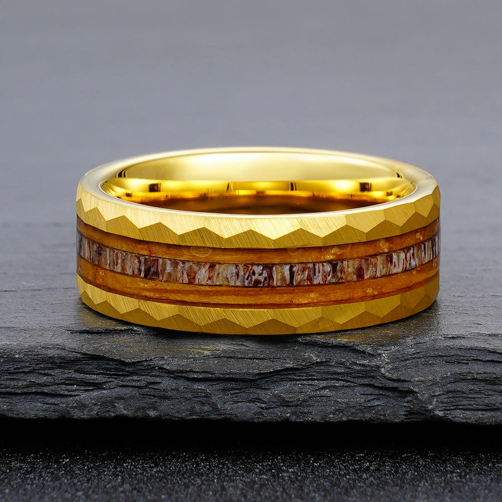 Whiskey Barrel Wood Hammered Gold Band Ring