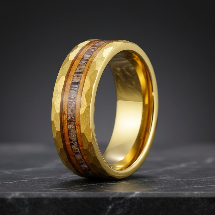 Whiskey Barrel Wood Hammered Gold Band Ring
