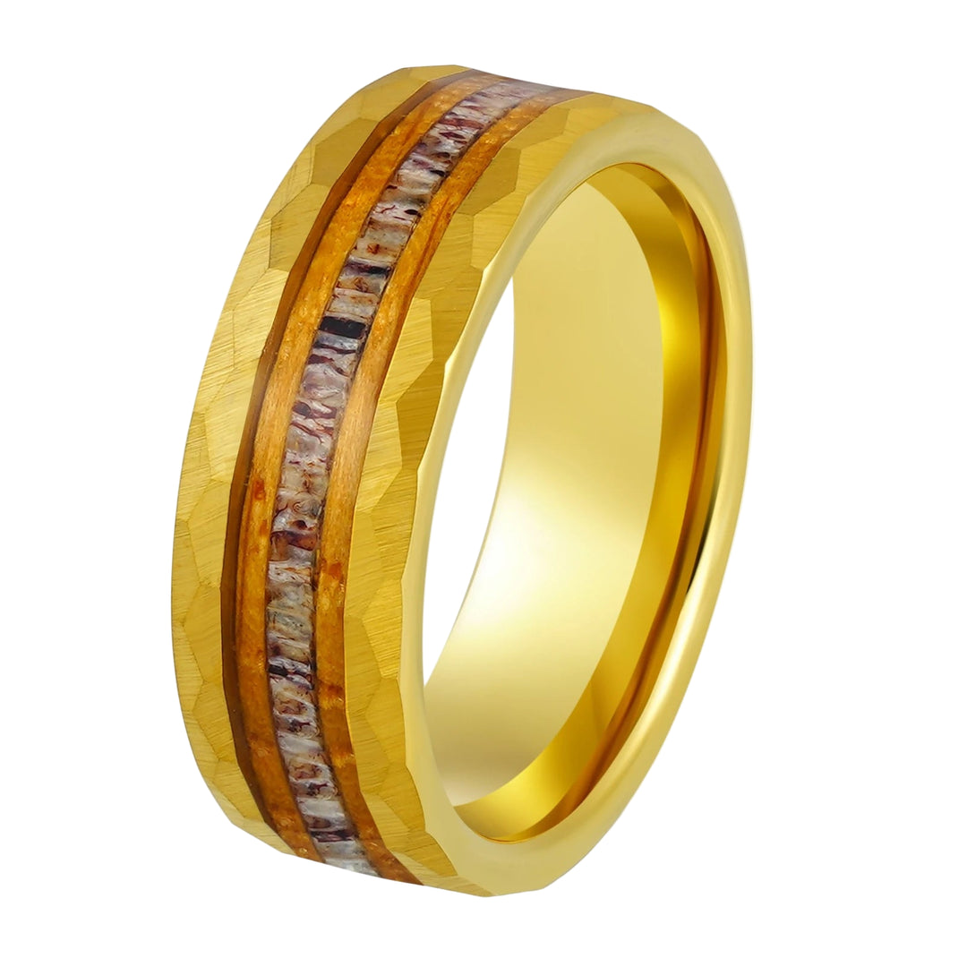 Whiskey Barrel Wood Hammered Gold Band Ring