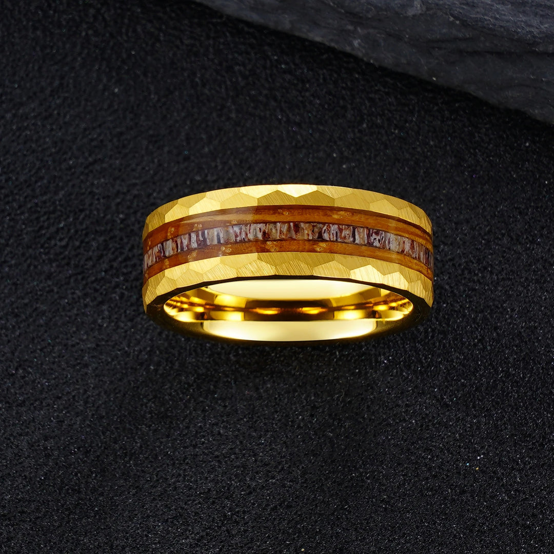 Whiskey Barrel Wood Hammered Gold Band Ring