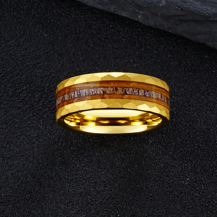 Whiskey Barrel Wood Hammered Gold Band Ring