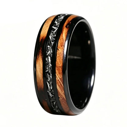  Whiskey Barrel Wood & Meteorite Black Tungsten Wedding Ring