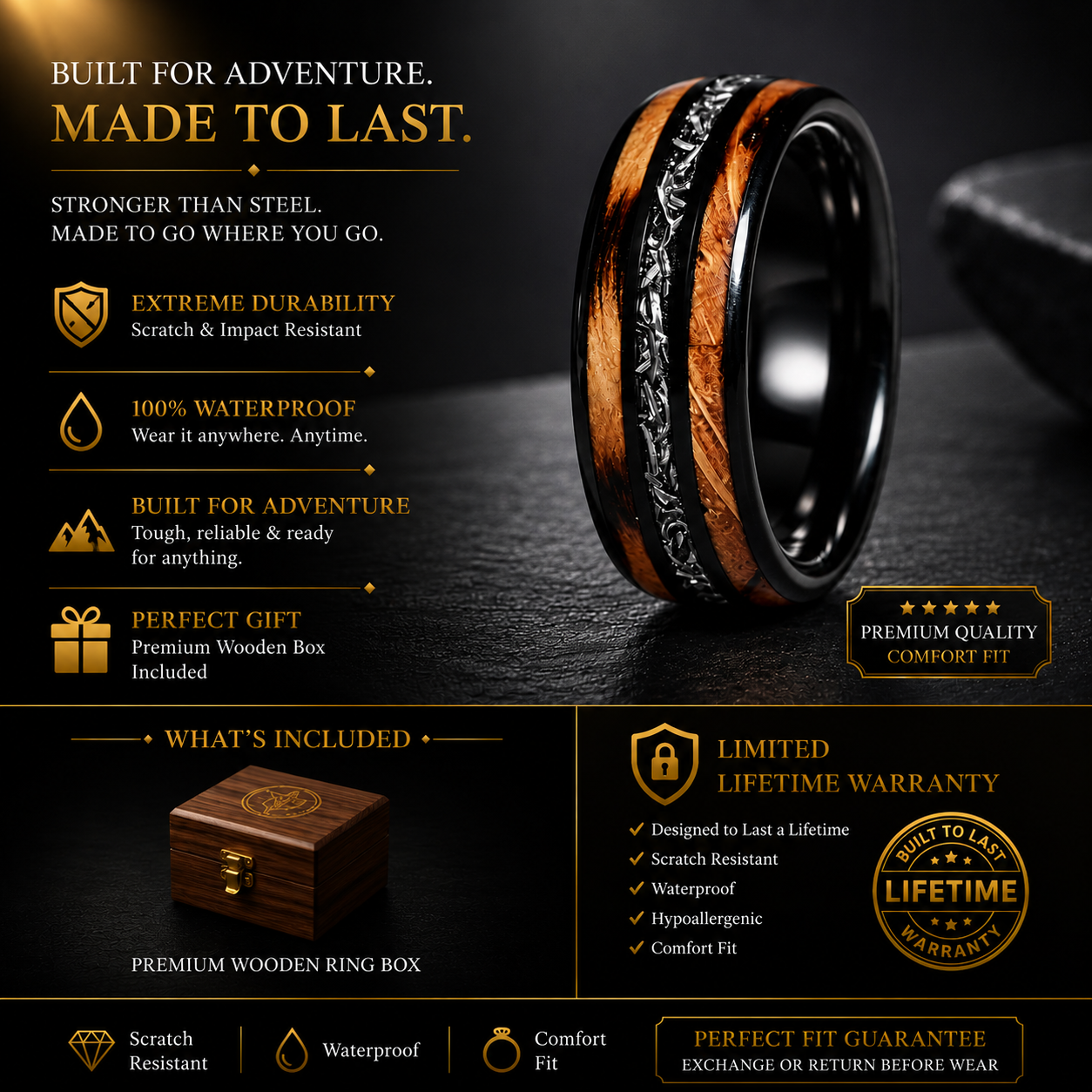 Whiskey Barrel Wood & Meteorite Black Tungsten Wedding Ring