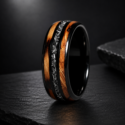 Whiskey Barrel Wood & Meteorite Black Tungsten Wedding Ring 8m