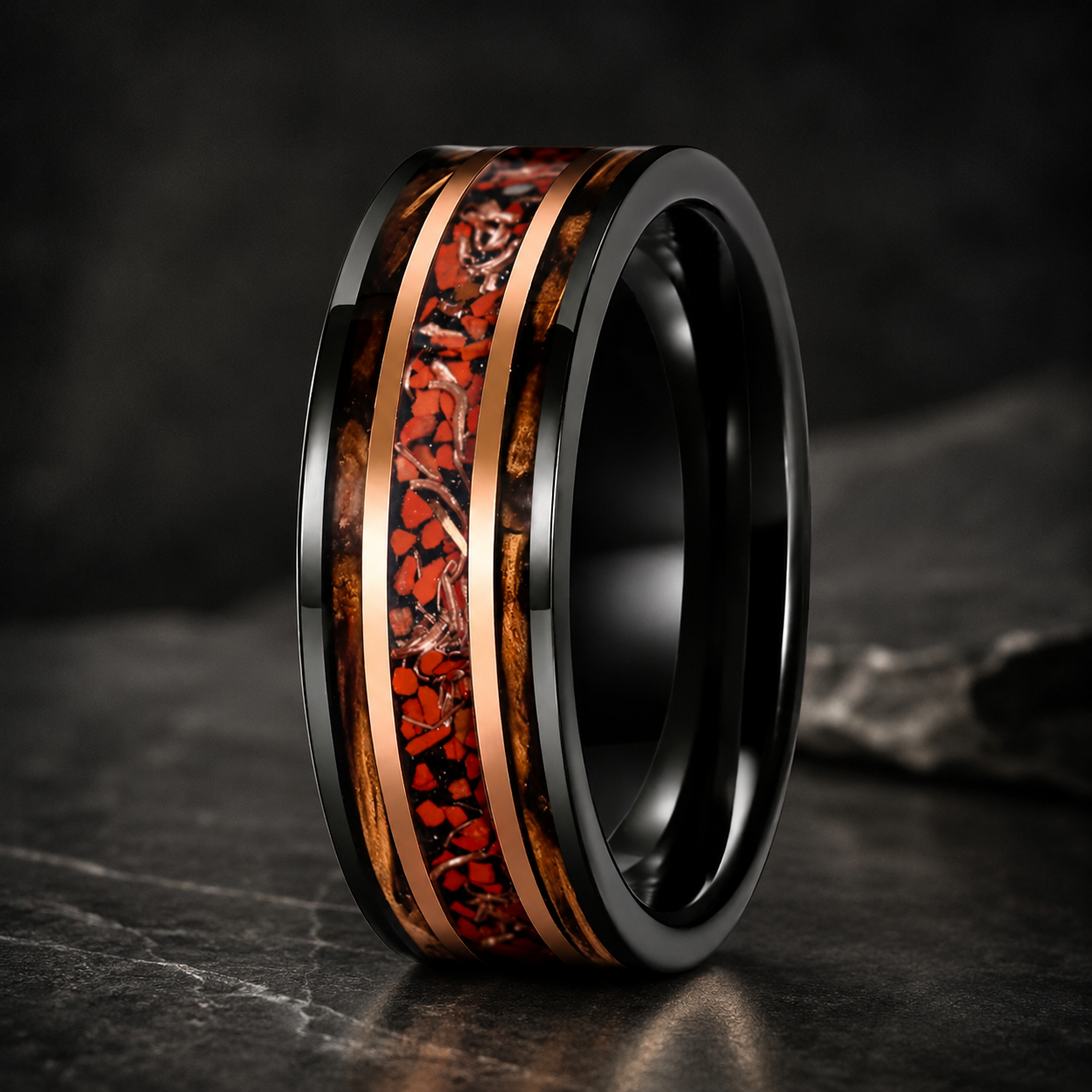 Whiskey Barrel Wood & Red Dinosaur Bone ring
