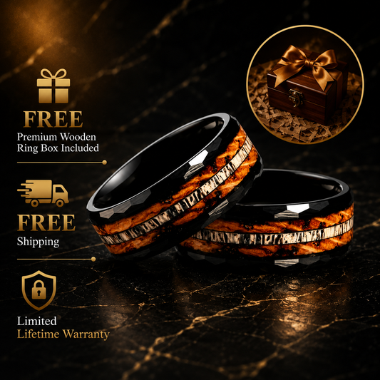Whiskey Oak & Antler Tungsten Ring