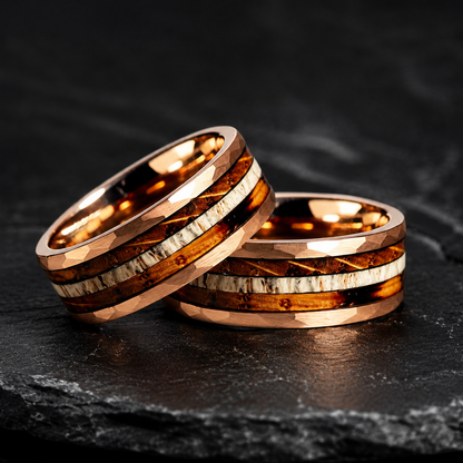 Whiskey Oak & Antler Tungsten Ring