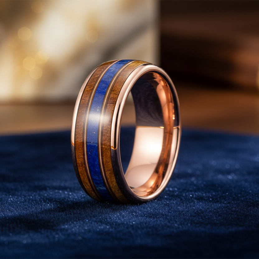 Whiskey Wood Guitar String Lapis Tungsten Ring