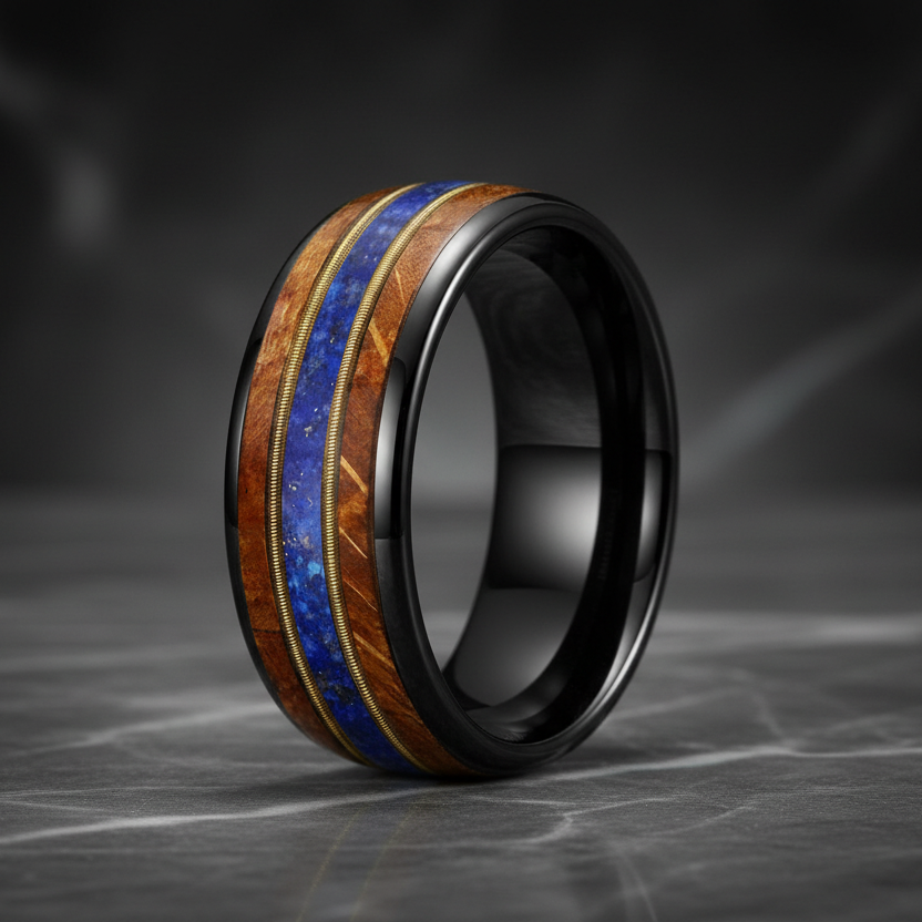 Whiskey Wood Guitar String Lapis Tungsten Ring