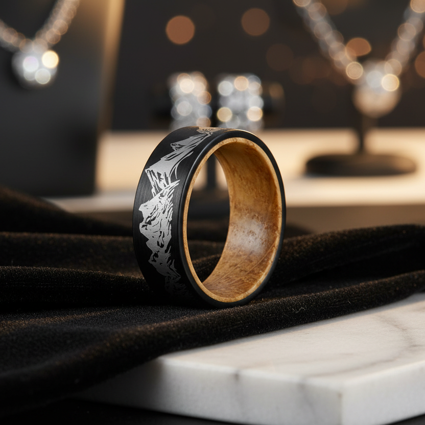 Whiskey Wood Liner And Mountain Etched Tungsten Carbide Ring