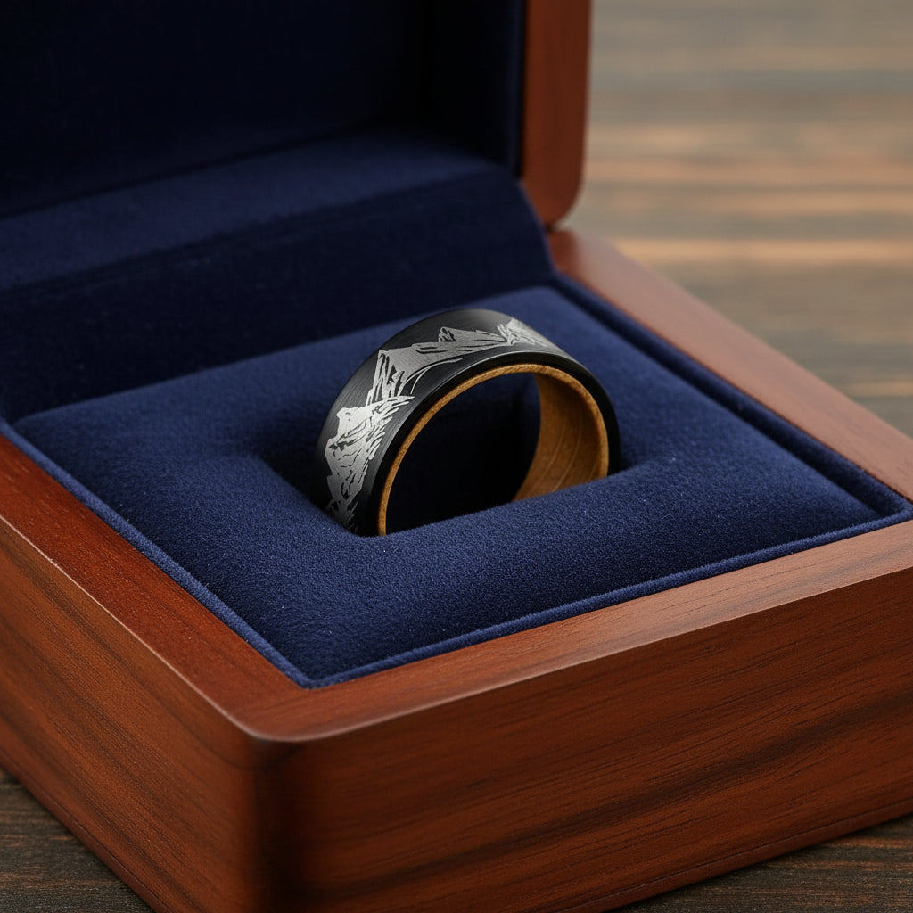 Whiskey Wood Liner And Mountain Etched Tungsten Carbide Ring