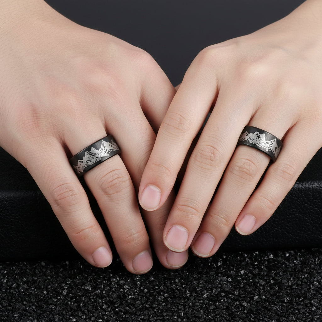 Whiskey Wood Liner And Mountain Etched Tungsten Carbide Ring