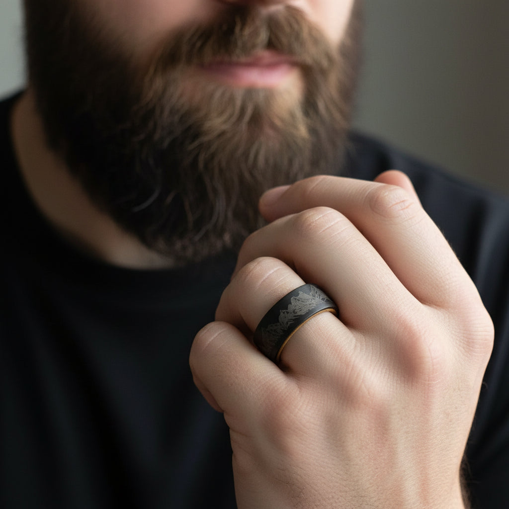 Whiskey Wood Liner And Mountain Etched Tungsten Carbide Ring