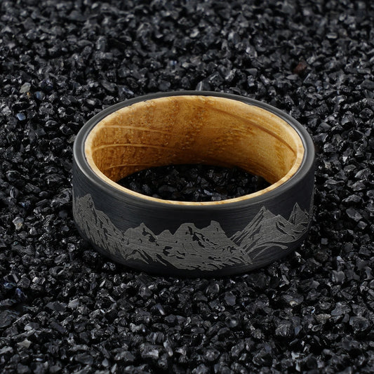 Whiskey Wood Liner And Mountain Etched Tungsten Carbide Ring