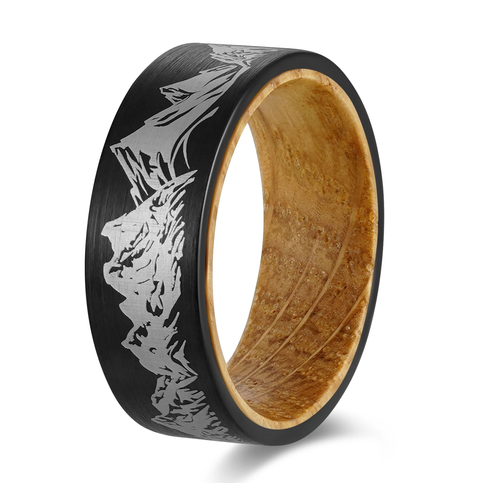Whiskey Wood Liner And Mountain Etched Tungsten Carbide Ring