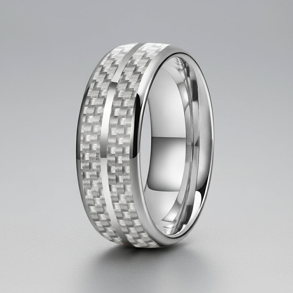 White Carbon Fiber Groove Tungsten Band