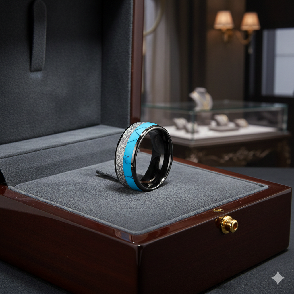 White Meteorite Turquoise Tungsten Ring