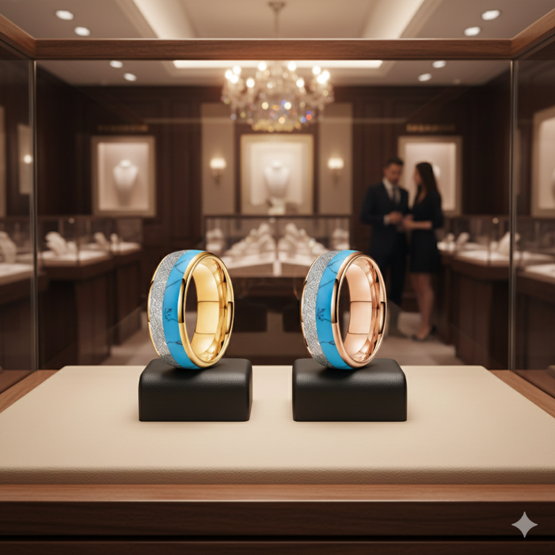 White Meteorite Turquoise Tungsten Ring