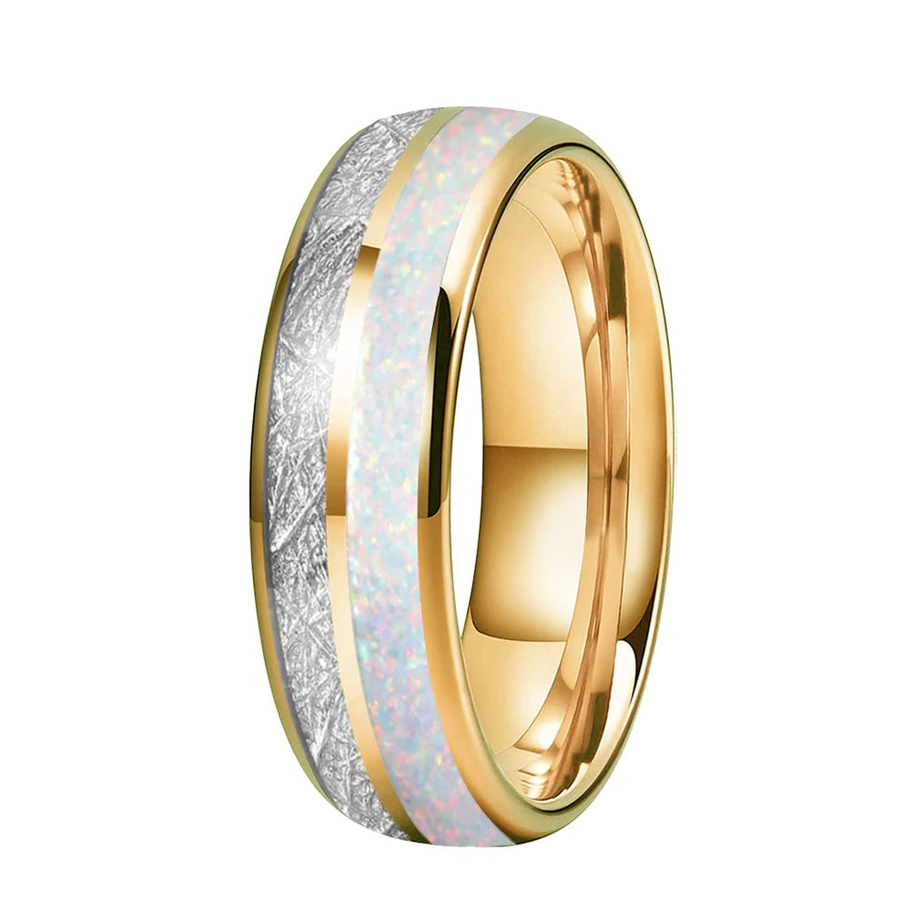 White Opal & Meteorite Tungsten Ring