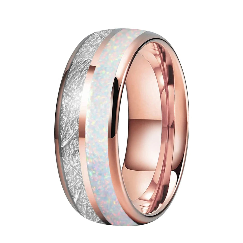 White Opal & Meteorite Tungsten Ring