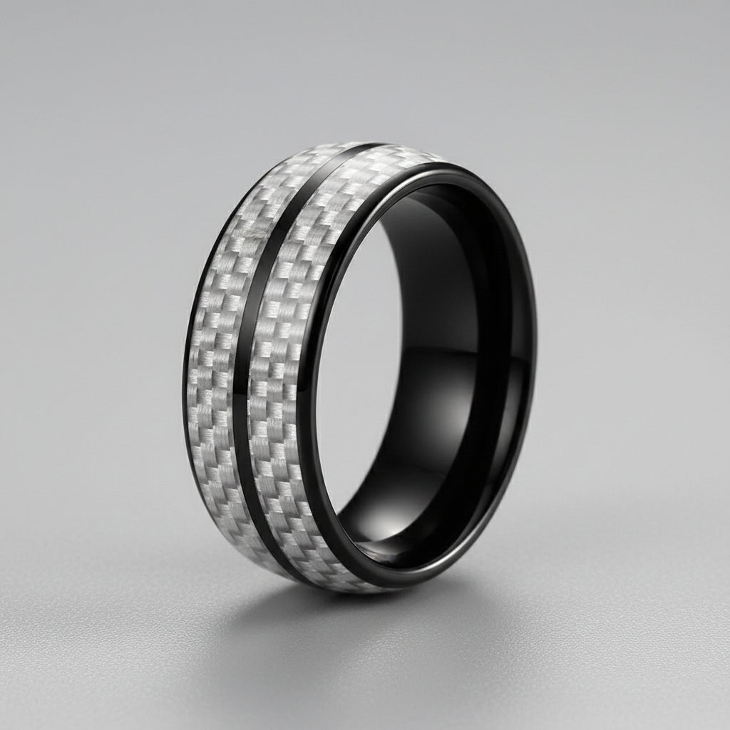 White Carbon Fiber Groove Tungsten Band