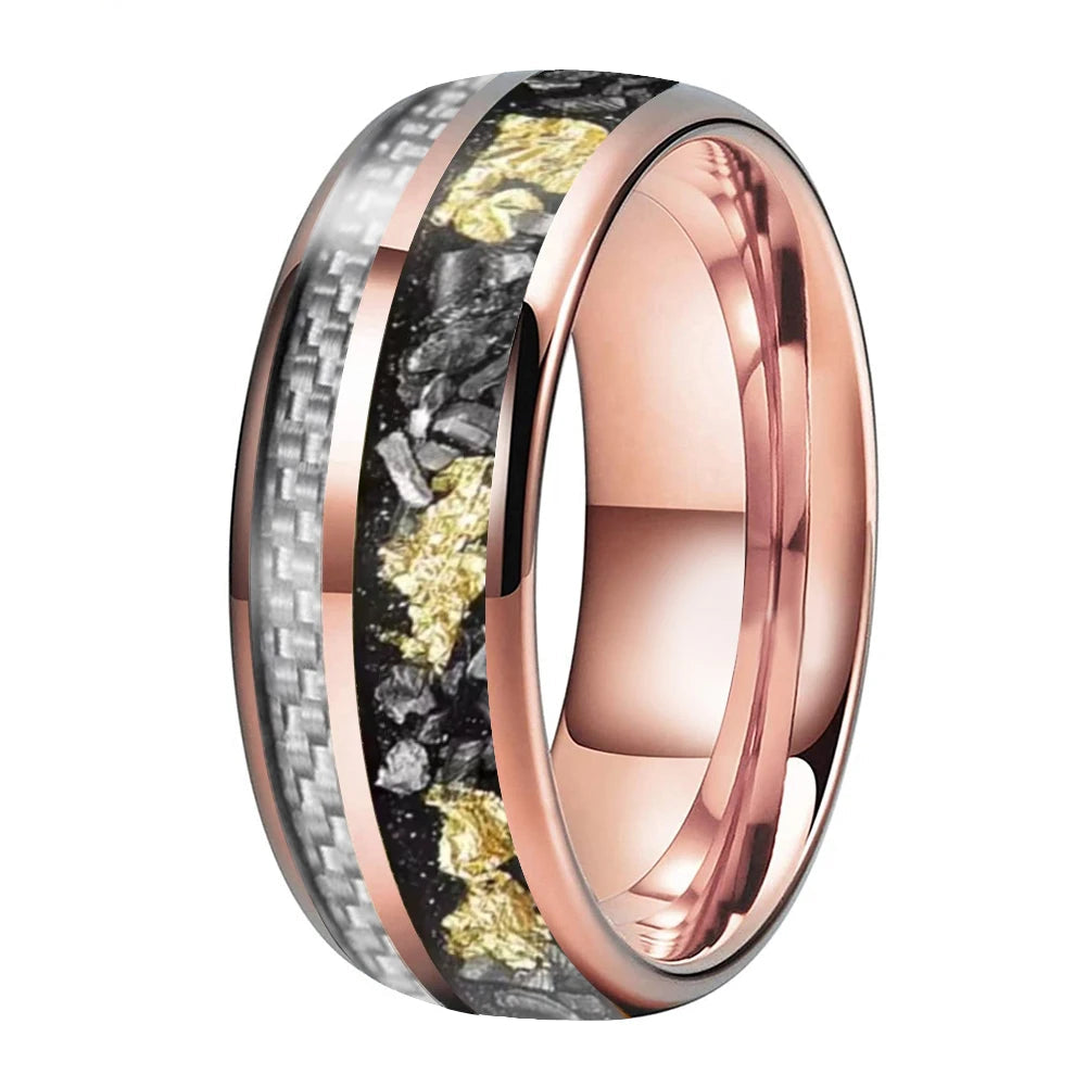 White Carbon Fiber & Meteorite Tungsten Ring – Gold Foil 8mm Band