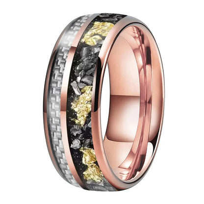 White Carbon Fiber & Meteorite Tungsten Ring – Gold Foil 8mm Band