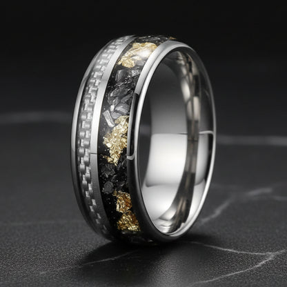 White Carbon Fiber & Meteorite Tungsten Ring – Gold Foil 8mm Band