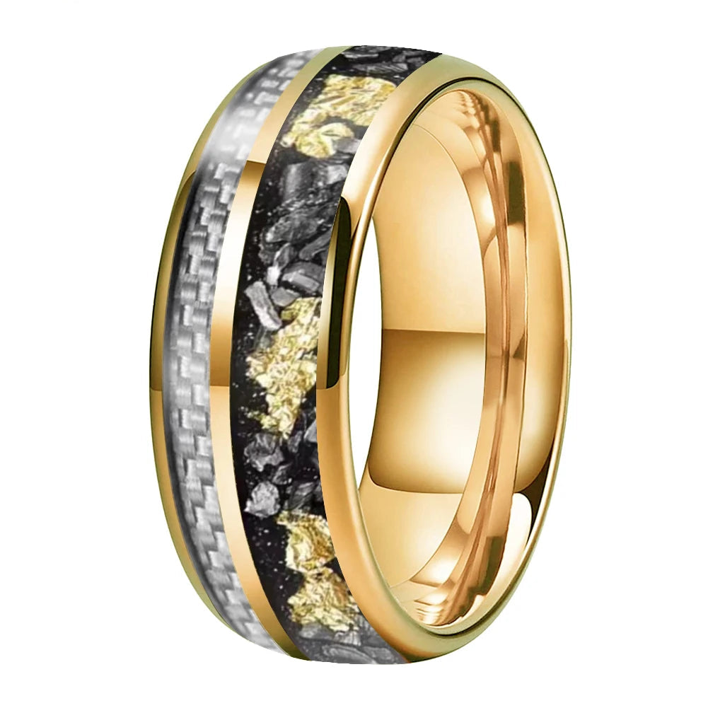White Carbon Fiber & Meteorite Tungsten Ring – Gold Foil 8mm Band