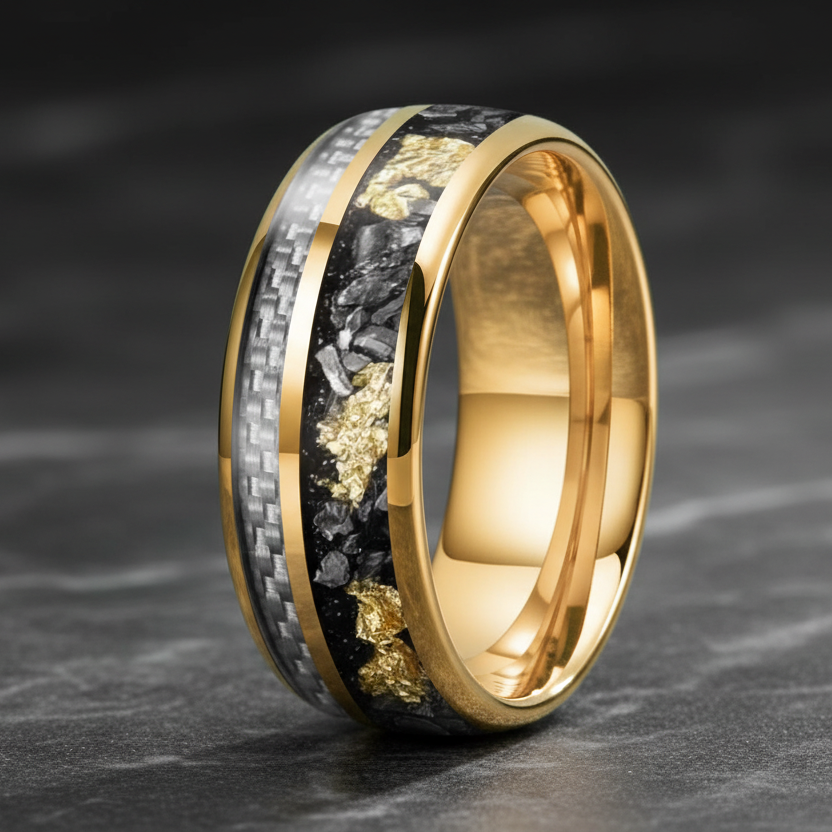 White Carbon Fiber & Meteorite Tungsten Ring – Gold Foil 8mm Band
