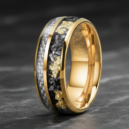 White Carbon Fiber & Meteorite Tungsten Ring – Gold Foil 8mm Band