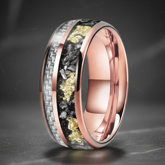 White Carbon Fiber & Meteorite Tungsten Ring – Gold Foil 8mm Band