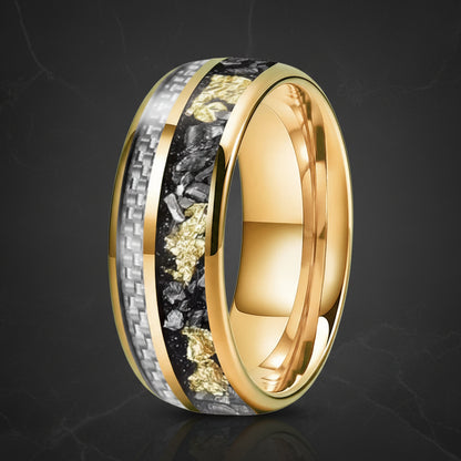 White Carbon Fiber & Meteorite Tungsten Ring – Gold Foil 8mm Band