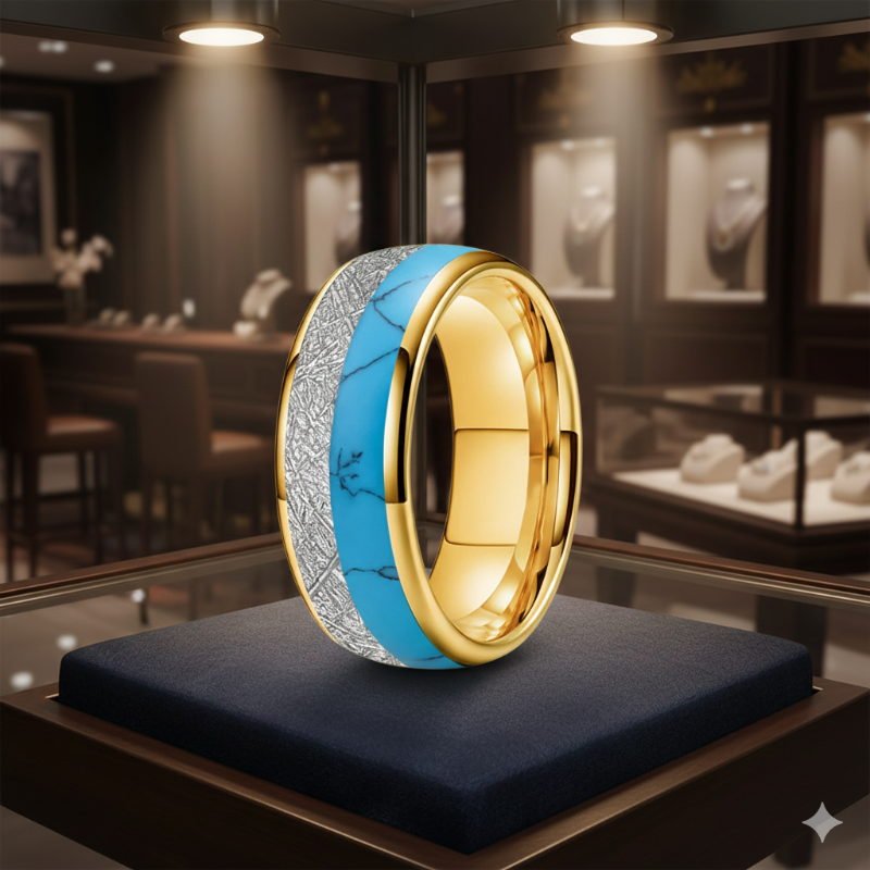 White Meteorite Turquoise Tungsten Ring