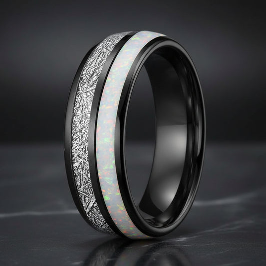 White Opal & Meteorite Tungsten Ring