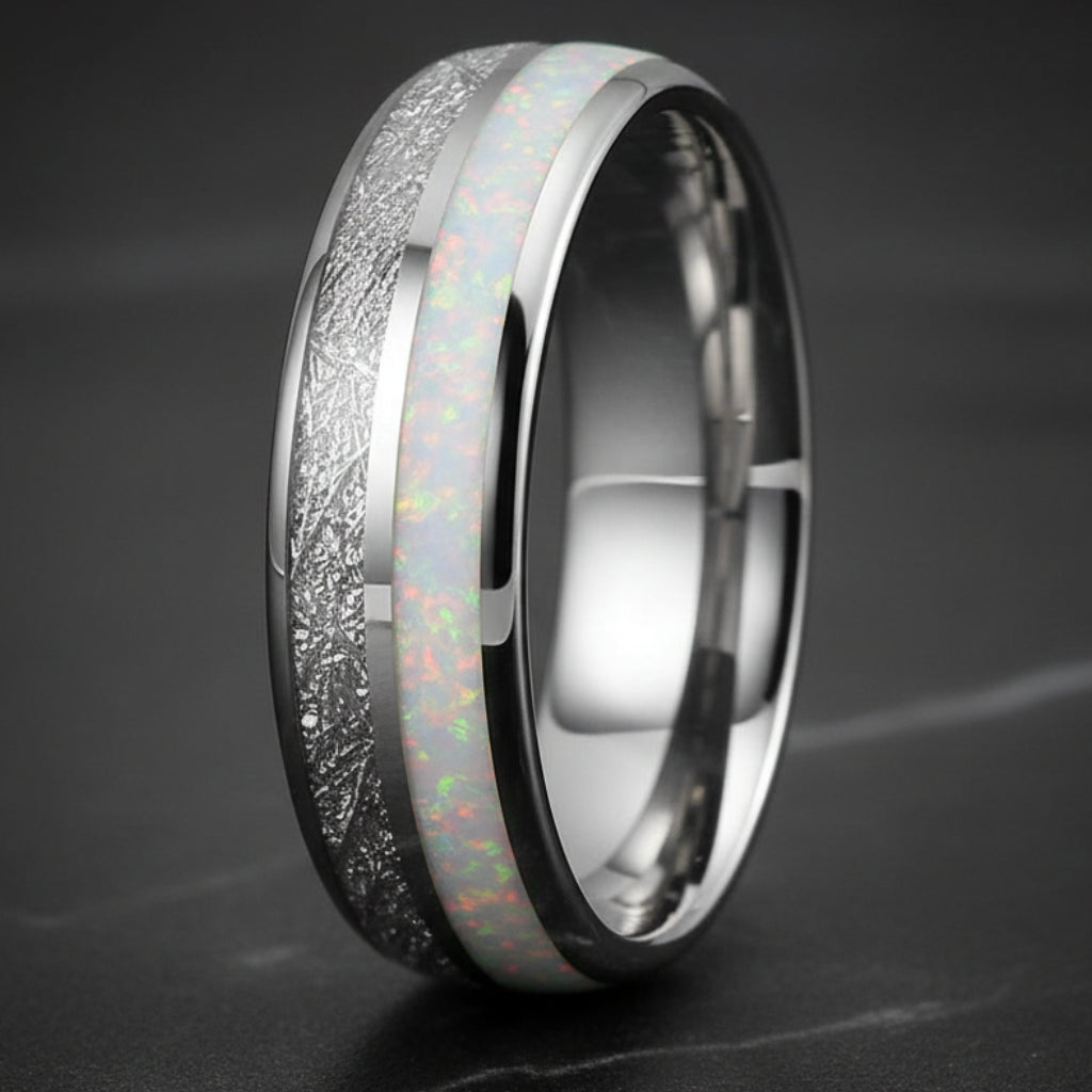 White Opal & Meteorite Tungsten Ring